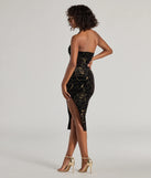 Celebrate in style with the Glam Up Foiled Floral Velvet Midi Dress, a black formal wedding guest dress featuring an elegant silhouette and luxe details, perfect for a black-tie celebration.