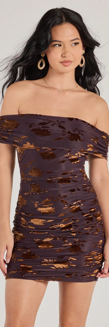 Elegant Romance Flocked Velvet Off The Shoulder Mini Dress, a trendy brown mini dress featuring modern details and a fresh seasonal hue, perfect for creating chic 2025 looks.