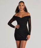 Step into winter chic with the Sultry Looks Mesh Off-The-Shoulder Bodycon Mini Dress, a black mini dress featuring an above-the-knee cut ideal for cocktail parties, festive gatherings, or clubwear.