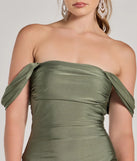 Make a bold statement in the Exceptional Off-The-Shoulder Flared Midi Dress in sage green, the perfect green dress for weddings, cocktail hours, nights out, and/or seasonal celebrations.