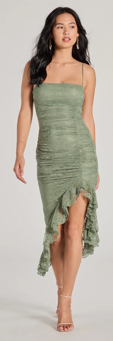 Own the spotlight in the Enchanted Moment Floral Ruffled Lace Midi Dress, a sage green formal dress crafted to deliver luxe style for autumn weddings, Military Balls, or any special event.