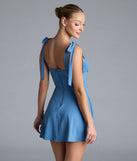 The Sweeter Than Ever Corset Skater Dress in denim blue brings sleek style to any graduation outfit, from cap and gown to after-party.