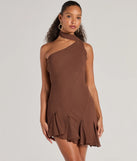 Step into seasonal chic with the Sleek And Elevated Chiffon Scarf Neck Mini Dress, a brown mini dress featuring an above-the-knee cut ideal for cocktail parties, festive gatherings, or clubwear.