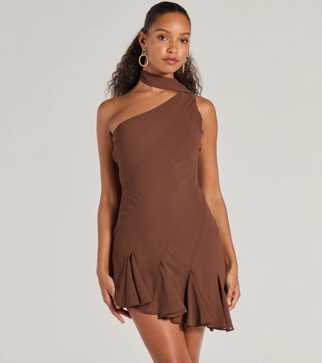Step into seasonal chic with the Sleek And Elevated Chiffon Scarf Neck Mini Dress, a brown mini dress featuring an above-the-knee cut ideal for cocktail parties, festive gatherings, or clubwear.