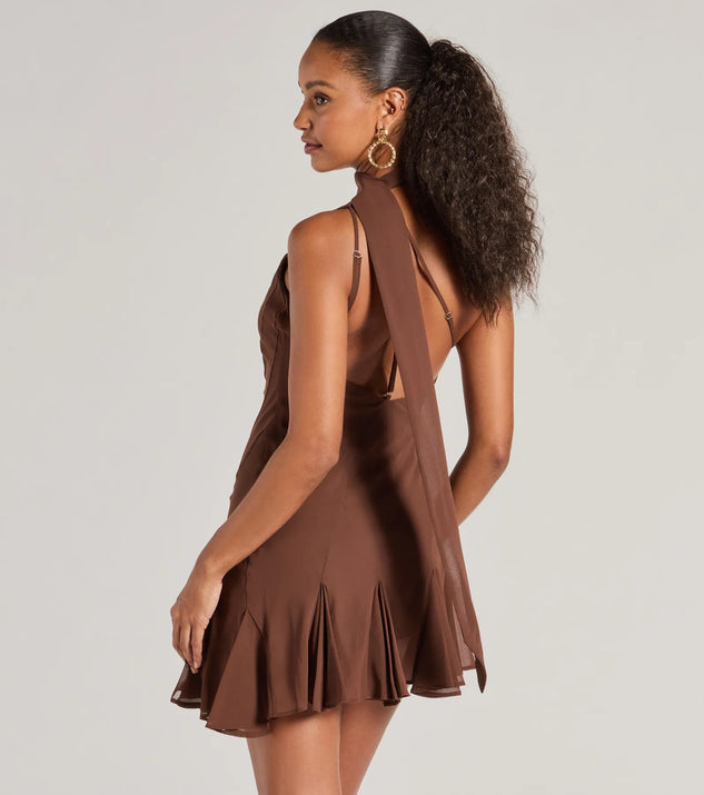 Sleek And Elevated Chiffon Scarf Neck Mini Dress | Windsor
