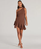 Make a bold statement in the Sleek And Elevated Chiffon Scarf Neck Mini Dress in brown, the perfect spring dress for weddings, cocktail hours, nights out, and/or seasonal celebrations.