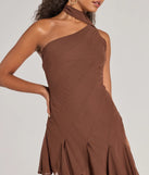 Revamp your 2025 wardrobe with this chic addition, the Sleek And Elevated Chiffon Scarf Neck Mini Dress in brown, perfect for elevating your style in the new year.