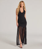 Make a statement in the Chic And Sheer Chiffon High Slit Maxi Dress, a black bodycon dresses that blends unique design details with a tight silhouette for a head-turning holiday or New Year's eve dress.