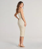 Flaunt your silhouette in the tight Lacey Affair Strapless Bodycon Midi Dress in ivory, a bodycon dress that empowers your look with bold style and effortless edge.