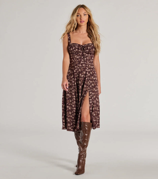 The Chic Fall Vibe Ditsy Floral Corset Midi Dress in brown is a women's workwear essential with an elevated fabric and chic silhouette, ideal for layering and versatile enough to take your look from office chic to going-out ready!