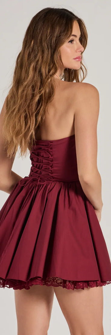 Adorably Flirty Lace Trim Drop Waist Skater Dress in wine, a stunning Valentine's Day dress with a flattering fit and romantic details, perfect for date night or Galentine’s celebrations.