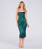 With its mid-calf hem and popular flattering fit, the Sleek And Iconic Satin Bodycon Midi Dress in hunter green nails the balance of trend and ease, redefining go-to midi dresses for any occasion.