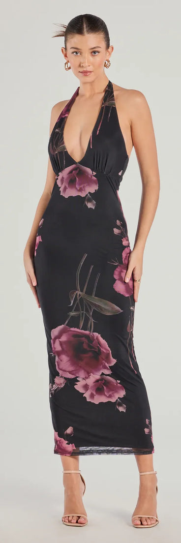 The Radiant Blooms Floral Halter Maxi Dress is a stylish black floral dress featuring a fresh seasonal print and flattering design, perfect for garden parties, bridal showers, Valentine's Day celebrations, or everyday spring styling.