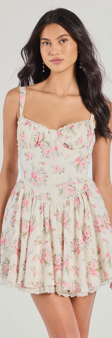 Stroll The Gardens Floral Corset Lace Skater Dress, a trendy ivory mini dress featuring modern details and a fresh seasonal hue, perfect for creating chic 2025 looks.