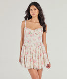 Stroll The Gardens Floral Corset Lace Skater Dress, a trendy ivory mini dress featuring modern details and a fresh seasonal hue, perfect for creating chic 2025 looks.