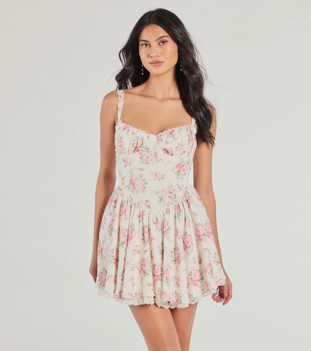 Stroll The Gardens Floral Corset Lace Skater Dress, a trendy ivory mini dress featuring modern details and a fresh seasonal hue, perfect for creating chic 2025 looks.