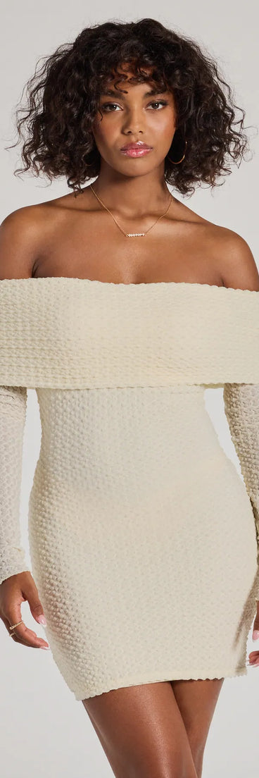 Trendy Textures Long Sleeve Mini Dress, a trendy ivory mini dress featuring modern details and a fresh seasonal hue, perfect for creating chic 2025 looks.