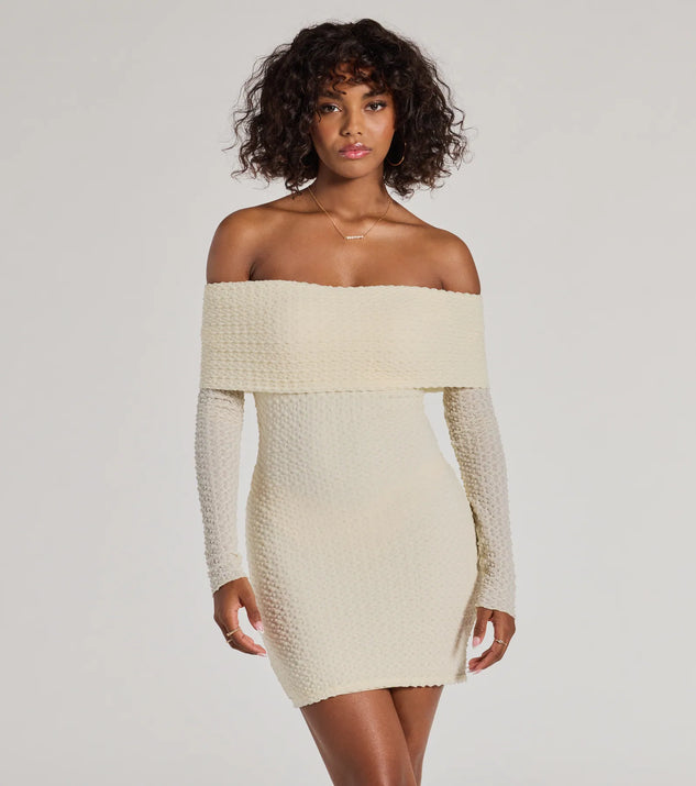 Trendy Textures Long Sleeve Mini Dress, a trendy ivory mini dress featuring modern details and a fresh seasonal hue, perfect for creating chic 2025 looks.