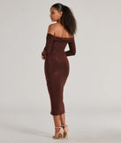 The Casual Affair Long Sleeve Ruched Midi Dress in brown is a women's workwear piece offering a trendy style and unique accents, perfect for effortlessly creating an outfit-of-the-day look that transitions your office look to going-out ready.