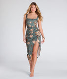 Celebrate the special day in the Pretty Petals Floral Bodycon Slit Midi Dress, a sage green country wedding guest dress with soft, romantic details that blend charm and sophistication.