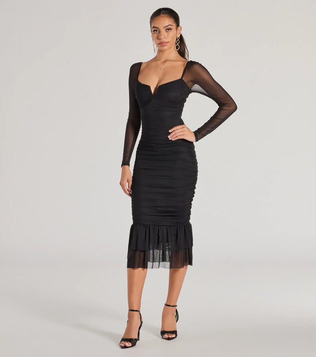 ruched and ruffled midi dress Ruffled Sleeve Ruched Slit Midi Dress