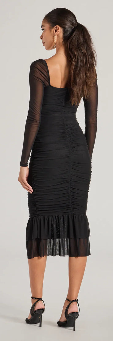 Elegant Ruched And Ruffled Mesh Midi Dress in black, a stunning maid-of-honor dress with a flattering fit and romantic details, perfect for autumn wedding themes.