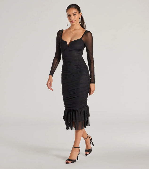 Elegant Ruched And Ruffled Mesh Midi Dress | Windsor
