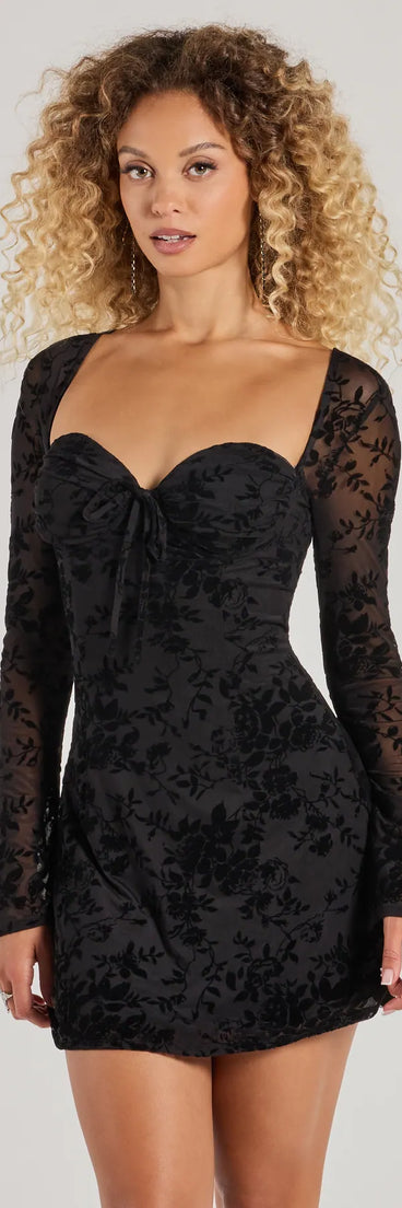 Step into winter chic with the Chic Touch Long Sleeve Flocked Velvet Mini Dress, a multi-color mini dress featuring an above-the-knee cut ideal for cocktail parties, Valentine's Day outfits, or clubwear.