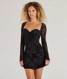 Step into winter chic with the Chic Touch Long Sleeve Flocked Velvet Mini Dress, a multi-color mini dress featuring an above-the-knee cut ideal for cocktail parties, Valentine's Day outfits, or clubwear.