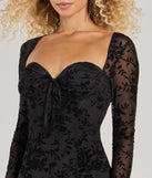 The Chic Touch Long Sleeve Flocked Velvet Mini Dress is a black holiday dress with a festive style, crafted from luxe fabrics and with unique design accents, a perfect pick to create a party-ready look for cocktail hours, weddings, or birthdays.