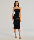 Make a bold statement in the Sparkly Beauty Glitter Velvet Strapless Midi Dress in black, the perfect spring dress for weddings, cocktail hours, nights out, and/or seasonal celebrations.