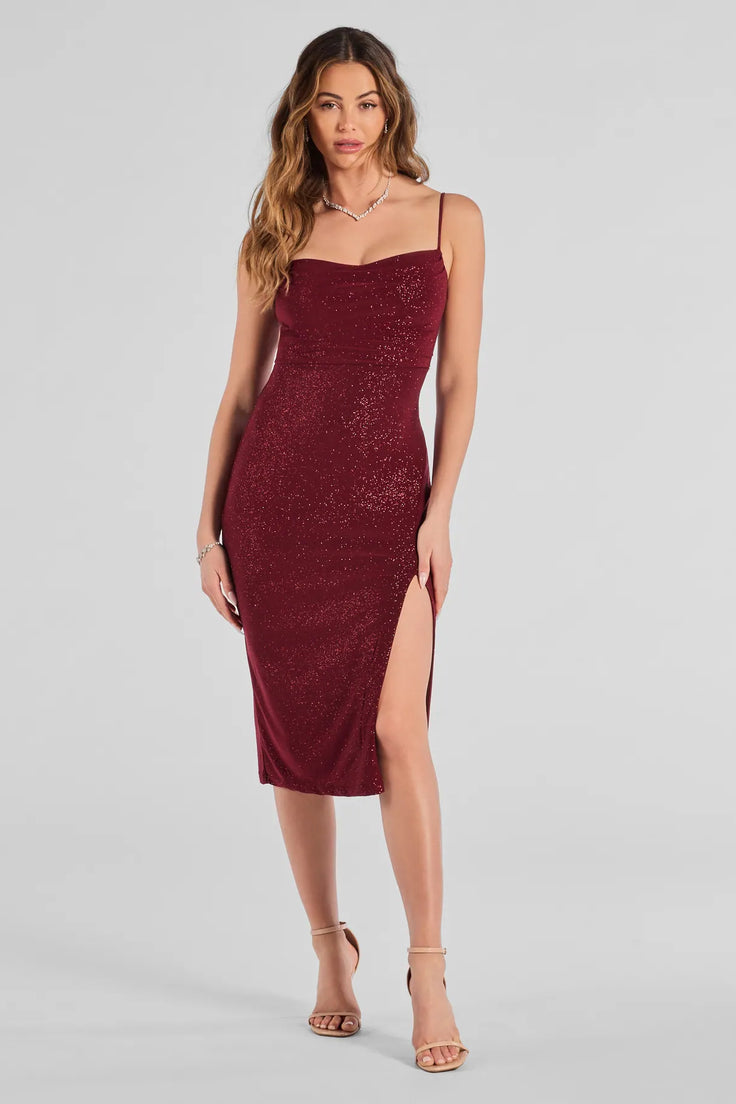 Glitter wine midi dress with cowl neckline and high slit