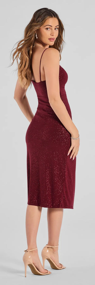 Glam Radiance High-Slit Glitter Midi Dress in wine , a stylish red dress with a flattering fit and fabric that adds allure to your look, perfect for wedding guest attire, cocktail events, or making a bold statement on a date night.