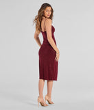 Glam Radiance High-Slit Glitter Midi Dress in wine , a stylish red dress with a flattering fit and fabric that adds allure to your look, perfect for wedding guest attire, cocktail events, or making a bold statement on a date night.