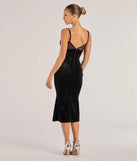 The Undeniable Lace Sweetheart Velvet Midi Dress is a stylish black lace dress, designed with intricate lace and an alluring silhouette, making it an elegant choice for Valentine's Day, weddings, or effortless spring looks.