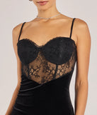 The Undeniable Lace Sweetheart Velvet Midi Dress is a stylish black lace dress, designed with intricate lace and an alluring silhouette, making it an elegant choice for Valentine's Day, weddings, or effortless spring looks.