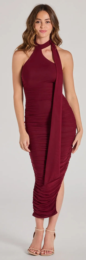 Steal the spotlight in the Total Allure Mock Neck Side Slit Midi Dress in wine, a fiery pick from the red homecoming dresses collection designed for bold entrances.