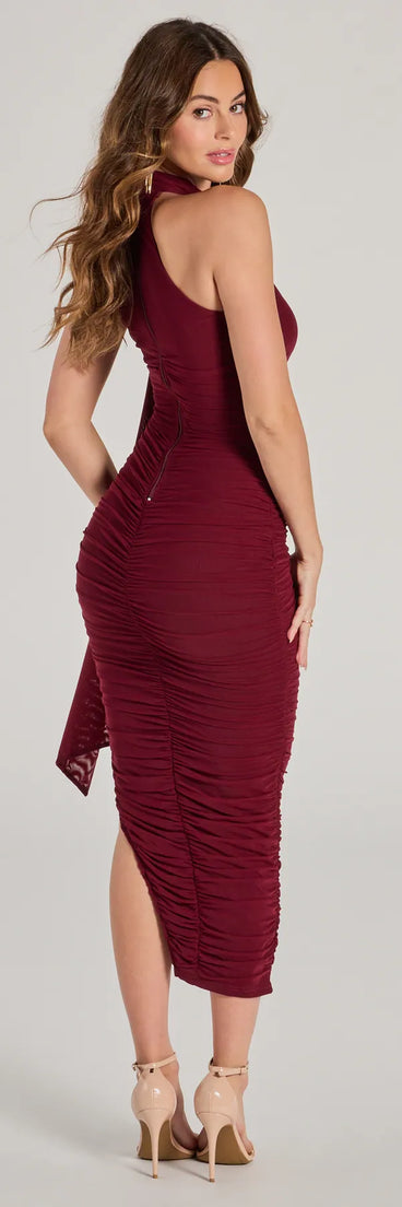 Total Allure Mock Neck Side Slit Midi Dress in wine , a stylish red dress with a flattering fit and fabric that adds allure to your look, perfect for wedding guest attire, cocktail events, or making a bold statement on a date night.