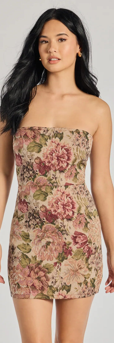 Garden Glam Floral Tapestry Lace-Up Mini Dress, a trendy taupe mini dress featuring modern details and a fresh seasonal hue, perfect for creating chic 2025 looks.