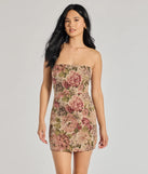 Garden Glam Floral Tapestry Lace-Up Mini Dress, a trendy taupe mini dress featuring modern details and a fresh seasonal hue, perfect for creating chic 2025 looks.