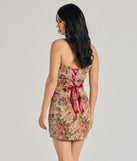 The Garden Glam Floral Tapestry Lace-Up Mini Dress is a stylish taupe floral dress featuring a fresh seasonal print and flattering design, perfect for garden parties, bridal showers, Valentine's Day celebrations, or everyday spring styling.