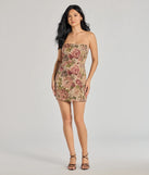 Make a bold statement in the Garden Glam Floral Tapestry Lace-Up Mini Dress in taupe, the perfect spring dress for weddings, cocktail hours, nights out, and/or seasonal celebrations.