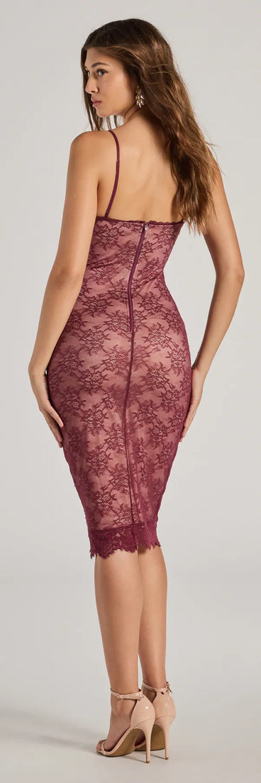 Celebrate the special day in the Floral Enchantment Sleeveless Lace Midi Dress, a burgundy country wedding guest dress with soft, romantic details that blend charm and sophistication.