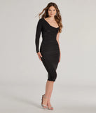 Make a bold statement in the Hold The Applause Long Sleeve Bodycon Midi Dress in black, the perfect spring dress for weddings, cocktail hours, nights out, and/or seasonal celebrations.