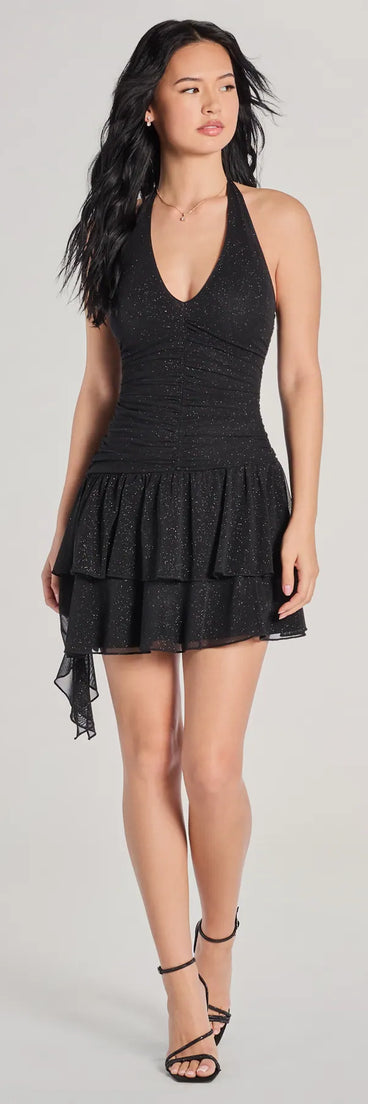Shimmer And Shine Glitter V-Neck Halter Skater Dress, a trendy black mini dress featuring modern details and a fresh seasonal hue, perfect for creating chic 2025 looks.