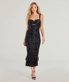 With its mid-calf hem and popular flattering fit, the Ravishing Allure Velvet Pattern Ruffle Midi Dress in black nails the balance of trend and ease, redefining go-to midi dresses for any occasion.