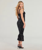 Celebrate the special day in the Ravishing Allure Velvet Pattern Ruffle Midi Dress, a black country wedding guest dress with soft, romantic details that blend charm and sophistication.