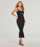 Celebrate the special day in the Ravishing Allure Velvet Pattern Ruffle Midi Dress, a black country wedding guest dress with soft, romantic details that blend charm and sophistication.