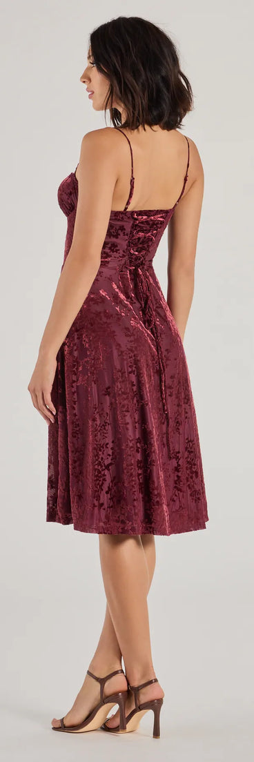 Floral Beauty Velvet Flocked Mesh Midi Dress in wine , a stylish red dress with a flattering fit and fabric that adds allure to your look, perfect for wedding guest attire, cocktail events, or making a bold statement on a date night.