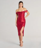 The Show Me Romance Off-The-Shoulder Lace Midi Dress in red is a modern red dress featuring trendy details and a stunning design ideal for wedding guest dresses, elegant cocktail looks, or an alluring Easter dress.